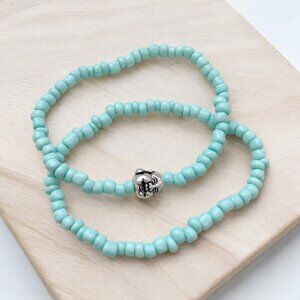 HANDMADE Light Aqua Seed Bead Beaded Silver Buddha Bracelet set